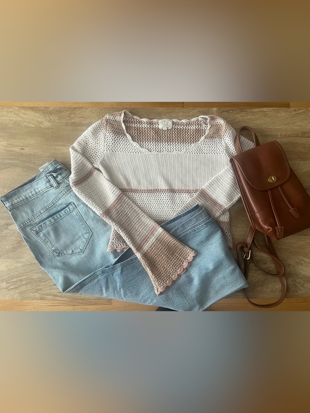 Hippie Rose Open-Knit Crewneck Sweater in Cream and Blush